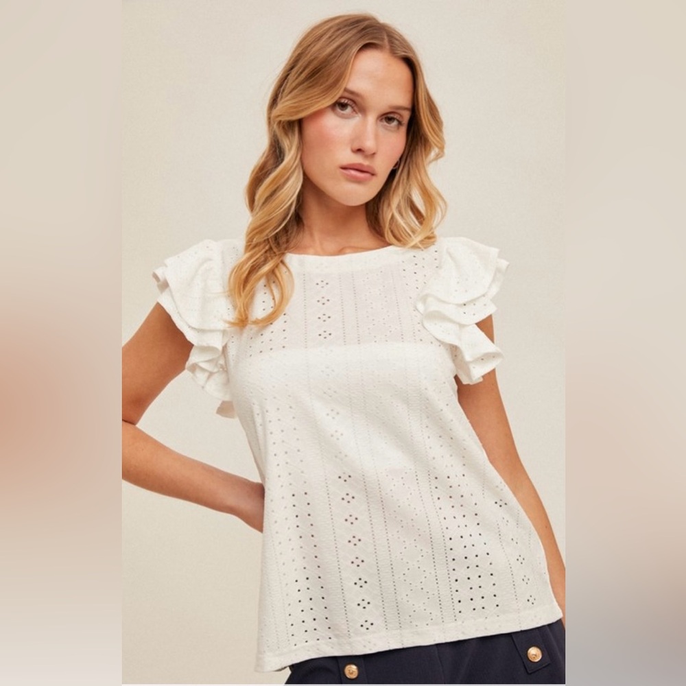 New Hem & Thread Knit Eyelet Flutter Sleeve Top